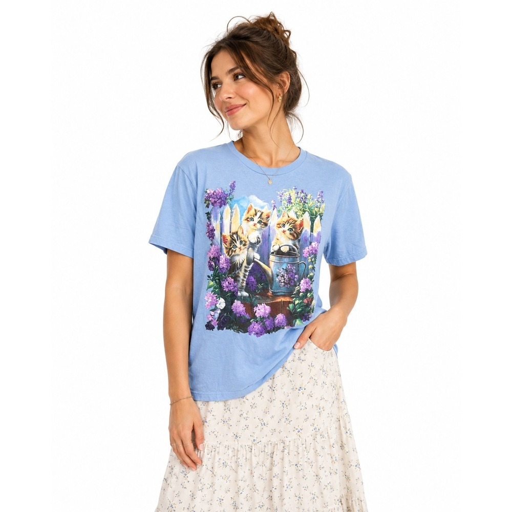 Kitten Garden Graphic Tee Medium Blue Cat Flowers Cottagecore Novelty Animal